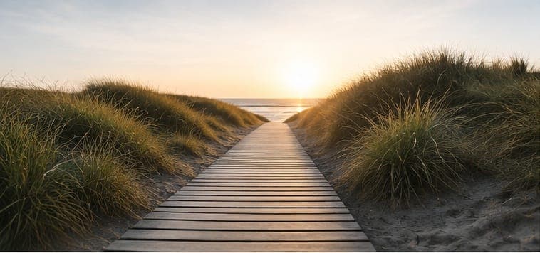 Hölzerner Steg durch die Dünen zum Meer bei Sonnenuntergang als Sinnbild für den gemeinsamen Weg in der Mediation